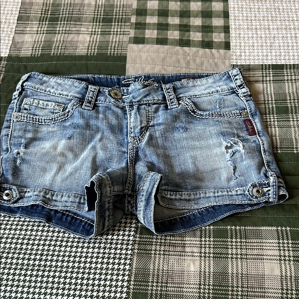 Silver Distressed Denim Shorts